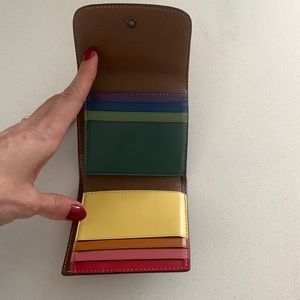 Fun rainbow lined brown coach wallet with rainbow gradient stitching